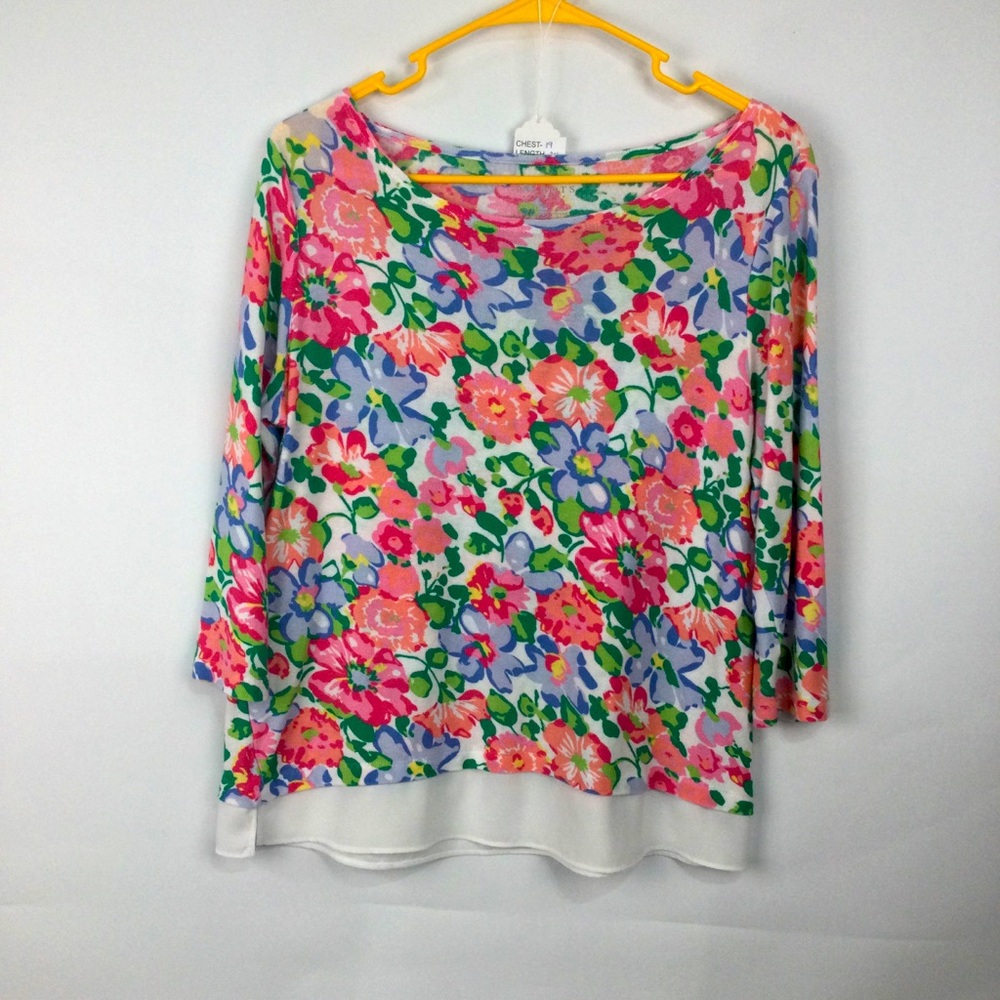 Talbots Floral Chiffon Hem Top Lightweight Sweater womens size‎ Medium Petite